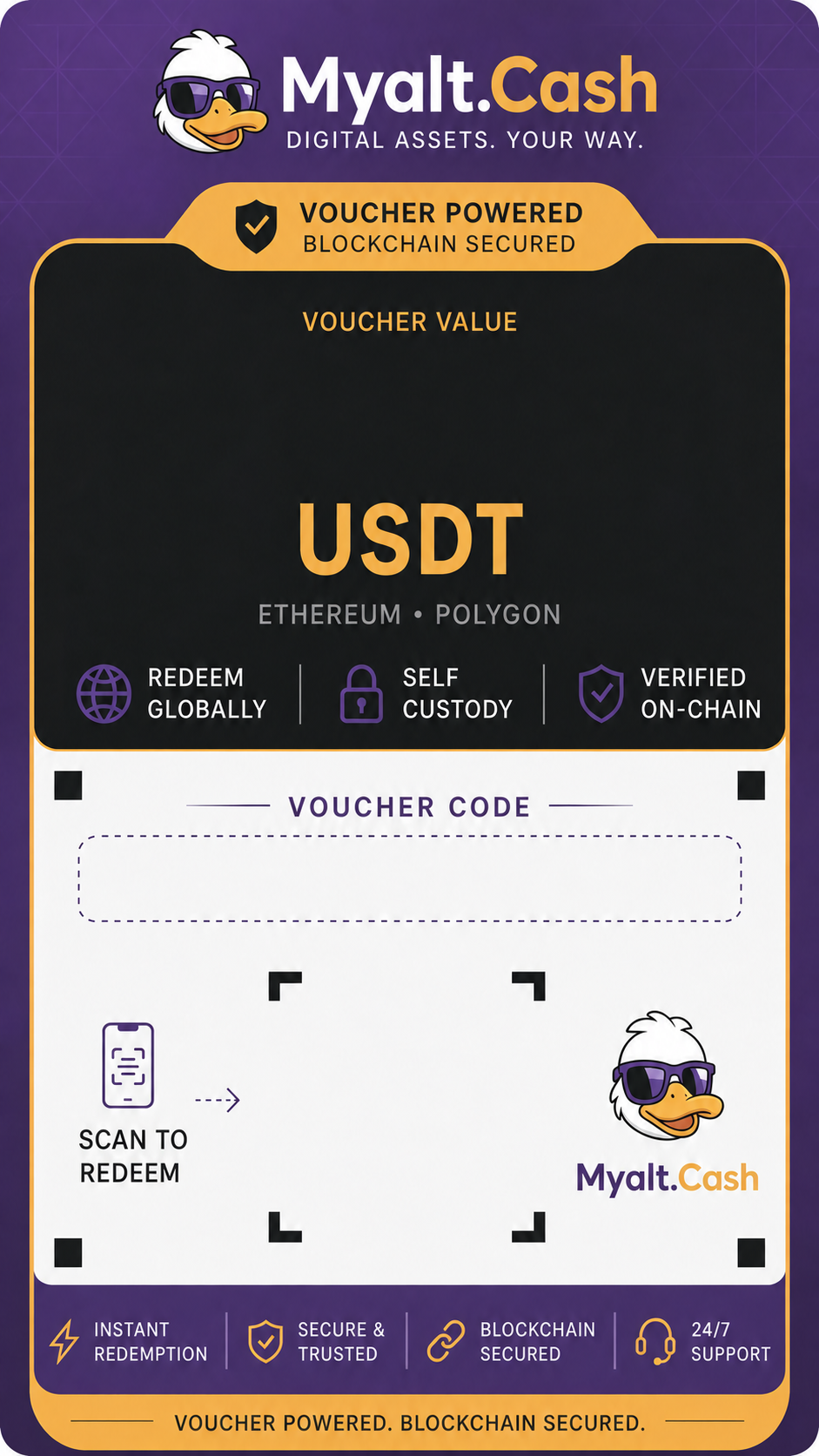 Myalt.Cash USDT voucher redeemable on Ethereum or Polygon